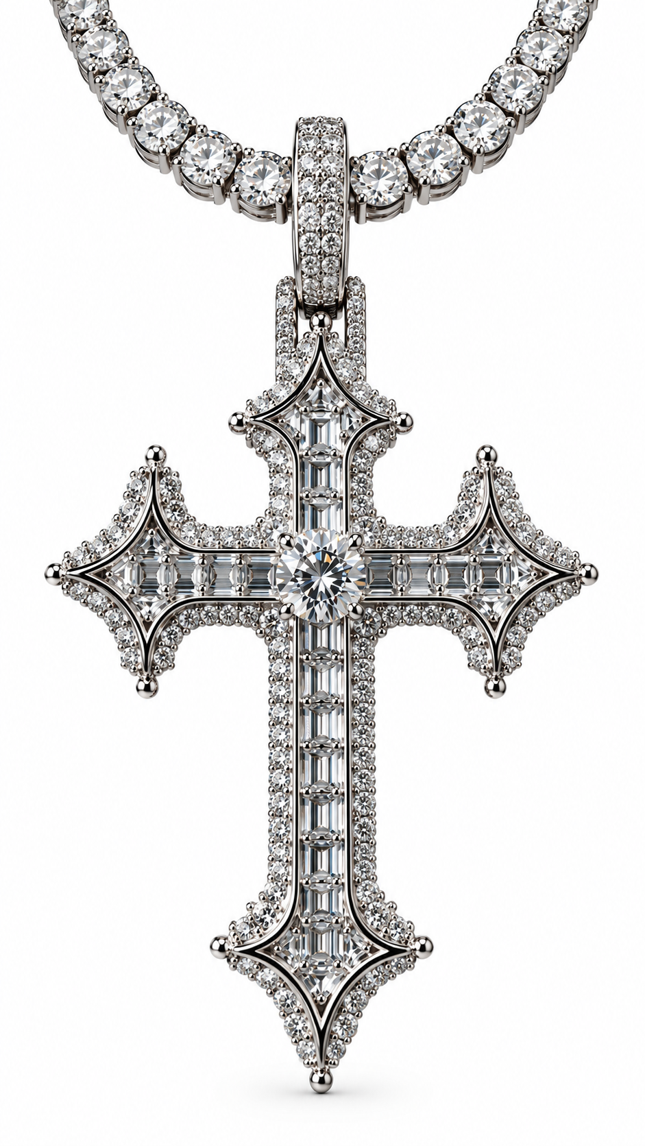 THE LAST SAINT BAGUETTE CROSS | FL-IF LAB MOISSANITE DIAMONDS IN 925 STERLING SILVER & 18K VERMEIL GOLD