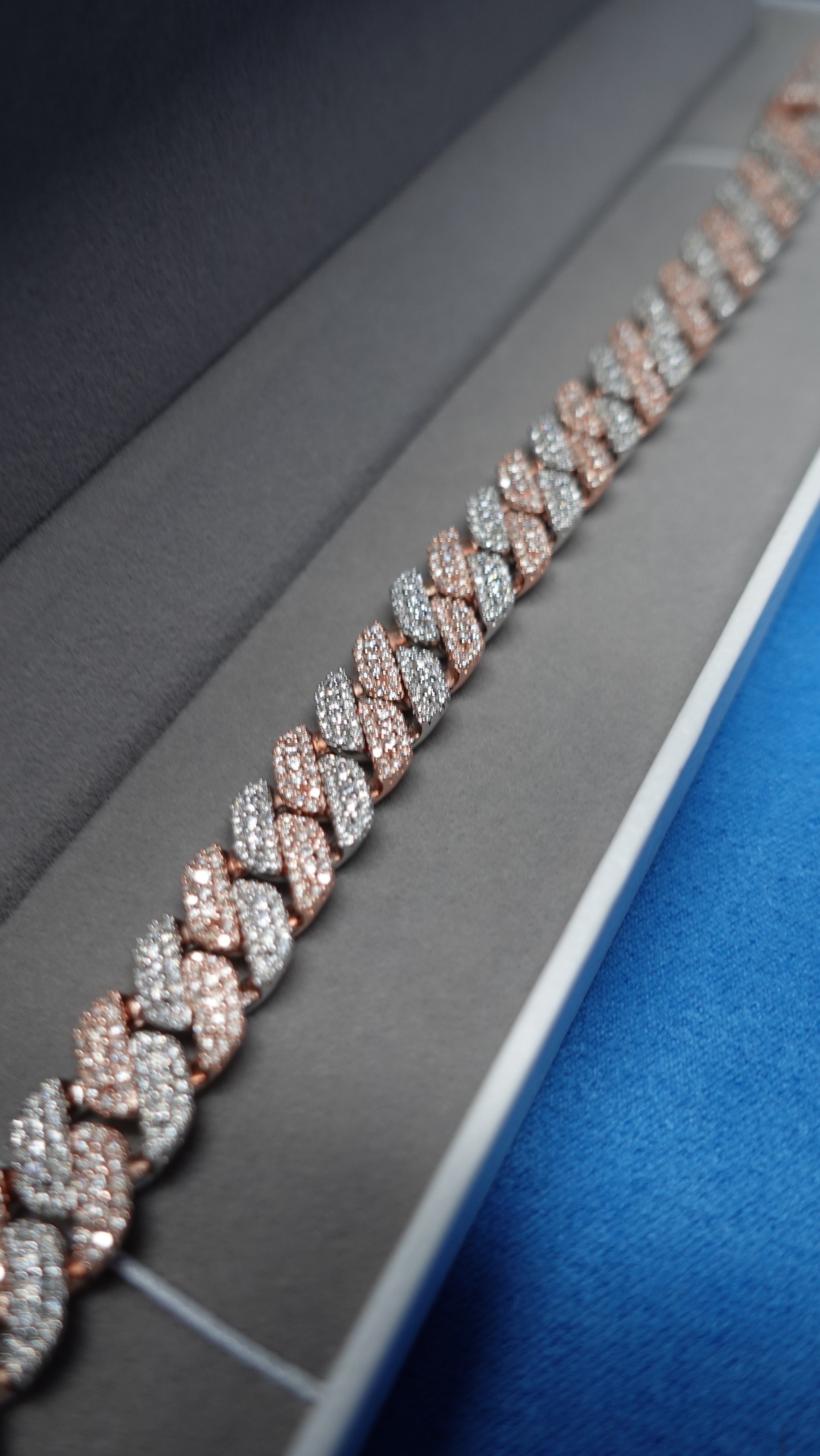 Gelati's Bespoke Mosaic Setting 14mm Two Tone FL-IF Diamond Cuban Bracelet In 925 Sterling Silver & 18k Vermeil Gold Inlay - 12 CTW