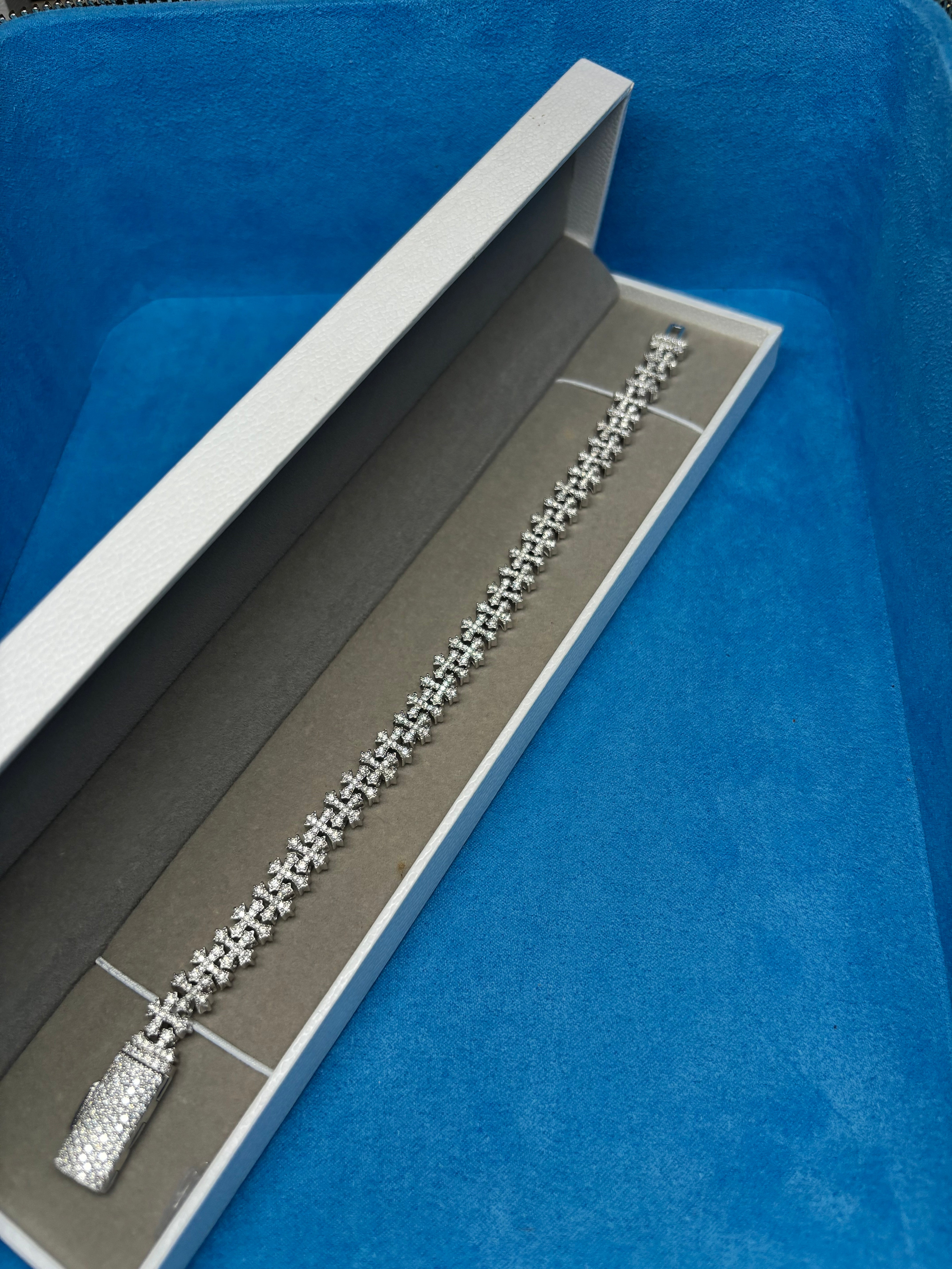 Gelati's Double-Cross Diamond Bracelet In 925 Sterling Silver -Fl-IF ( Flawless) LaB Moissanite Diamonds and 18K Vermeil Gold Inlay