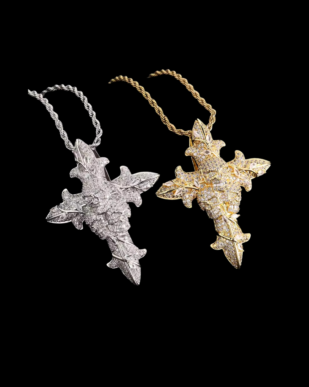 Gelati's Skull Infamous Diamond Cross In solid Titanium & 18k Vermeil Inserts & Micro Pave Carbon Diamonds- 925 Silver Rope Chain Included