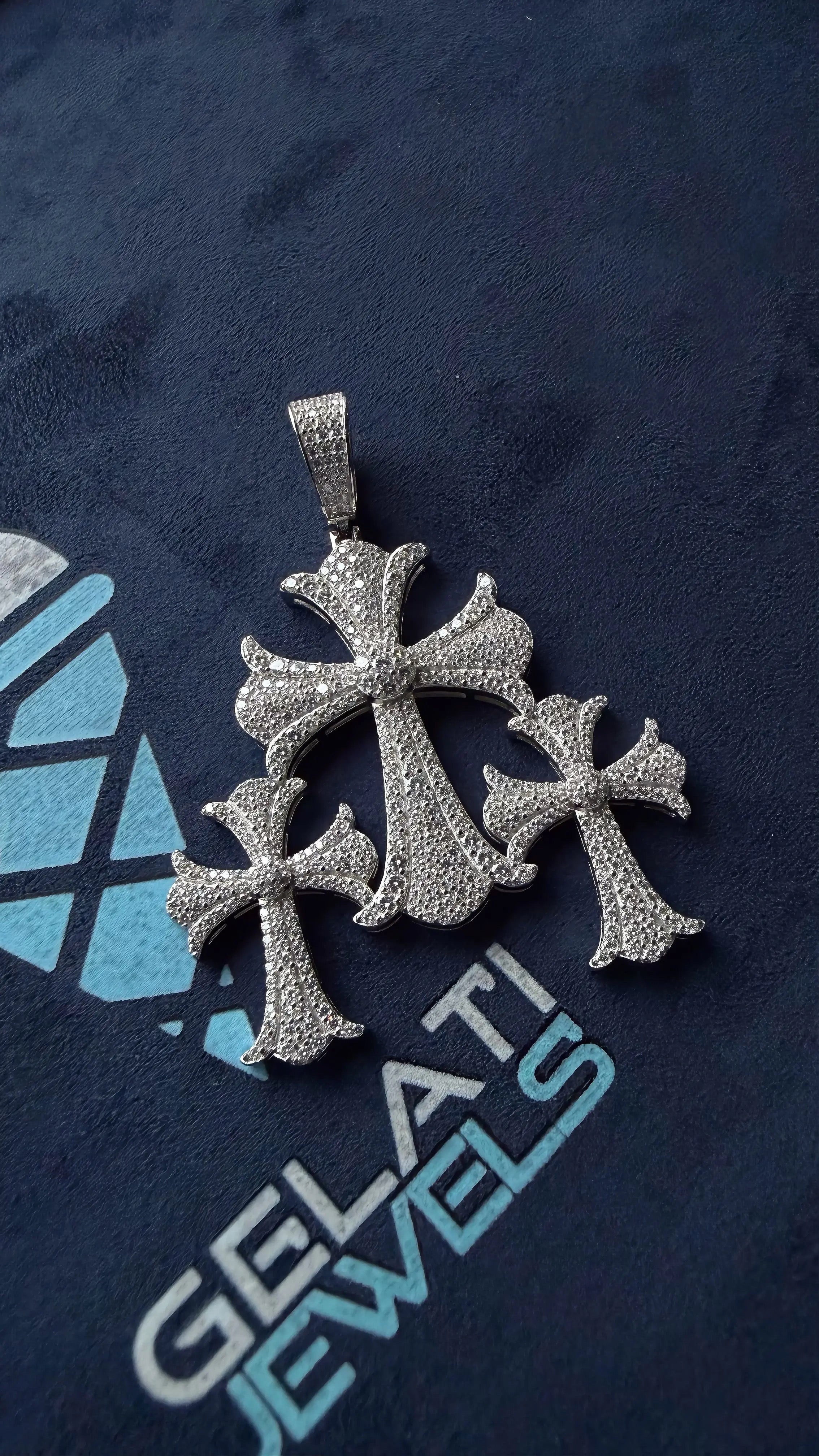 GELATI CHROME TRIPLE CROSS DIAMOND PENDANT | FL-IF LAB MOISSANITE | 925 STERLING SILVER | 18K VERMEIL GOLD