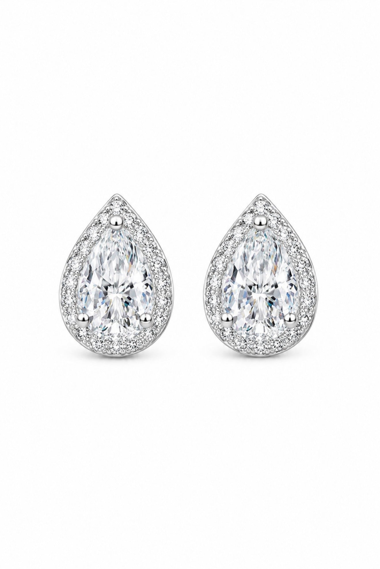 GELATI’S TEARS OF ICE VVS1 LAB MOISSANITE DIAMOND PEAR CUT HALO DIAMOND EARRINGS IN 925 STERLING SILVER & 18K VERMEIL GOLD