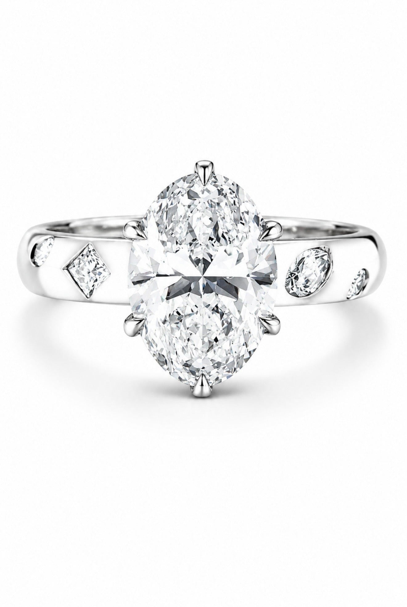 DIAMOND TOUCH OVAL ETERNITY RING – 3CTW DVVS1 MOISSANITE, 925 SILVER & PLATINUM VERMEIL