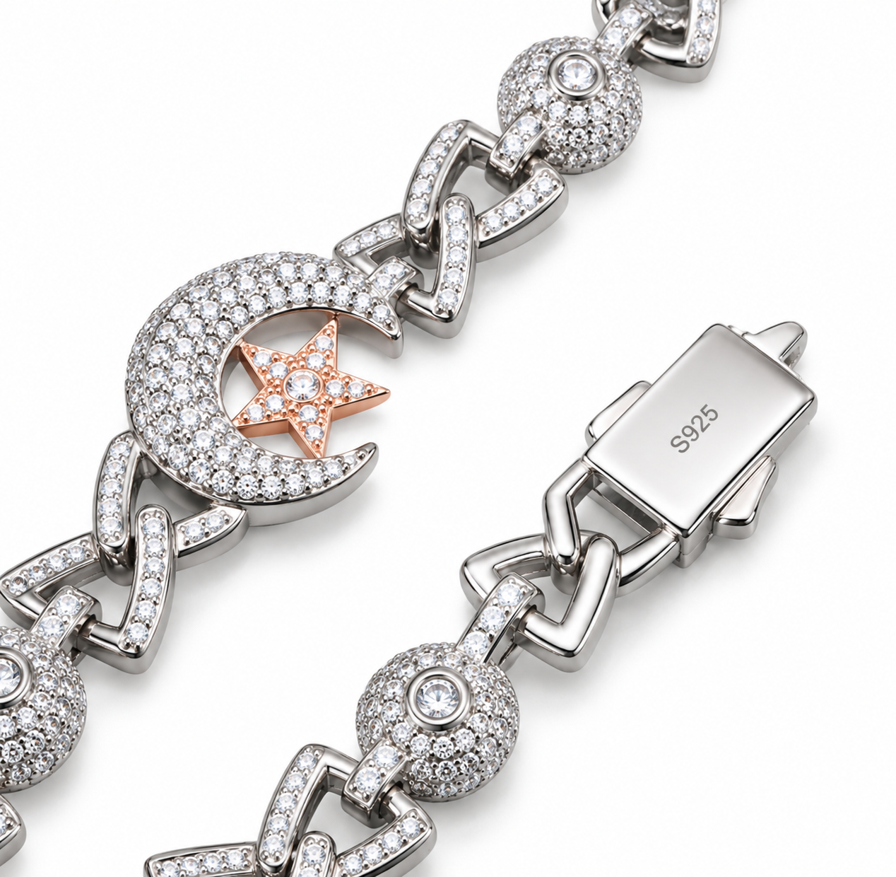 GELATI "CRESCENT MOON" TWO TONE DIAMOND BRACELET | VVS-1 Lab Moissanite Diamonds | 925 STERLING SILVER | 18K VERMEIL GOLD