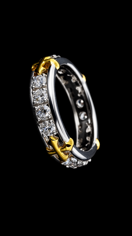 Gelati's Exclusive Golden Cross VVS1 Moissanite Diamond Ring in Solid 925 Silver & 18k Vermeil Gold Inlay