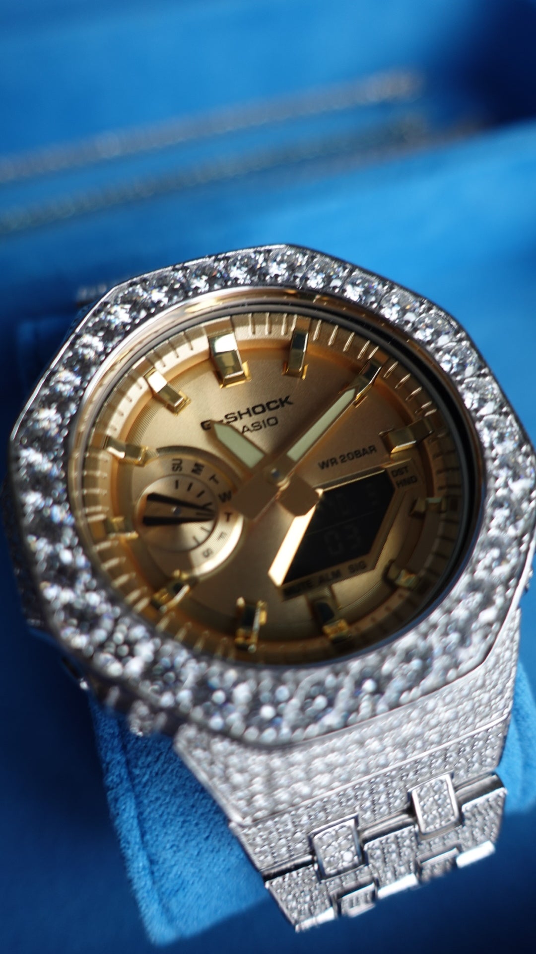 Gelati's Custom BussDown 35 CT G-shock In FL-Flawless Lab Moissanite Diamonds & Solid 925 Sterling silver and 18k Vermeil Gold - Limited Gold Dial Edition