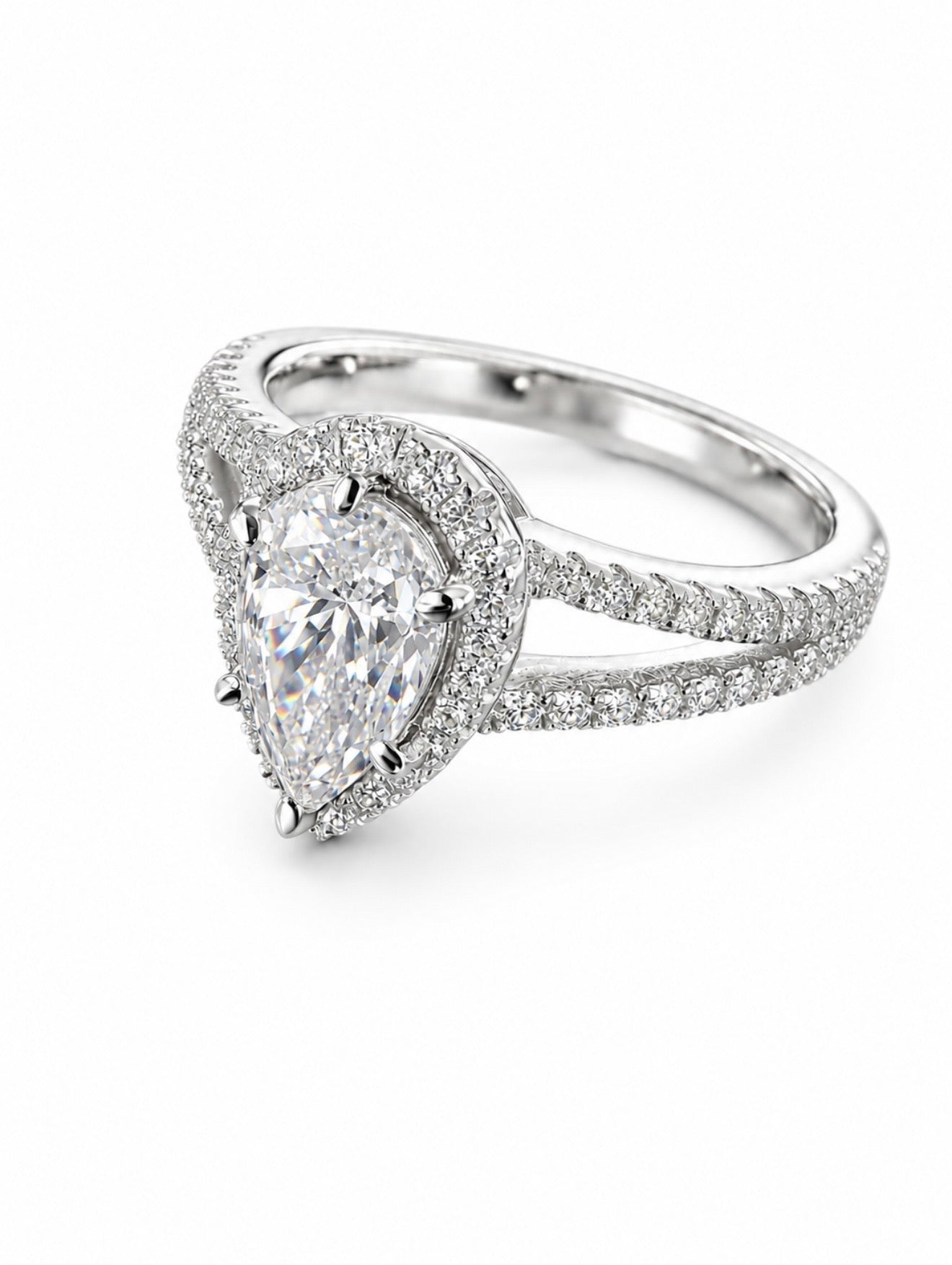 ARK HALO PEAR CUT FL-IF MOISSANITE DIAMOND RING – 925 SILVER / 18K VERMEIL WHITE GOLD