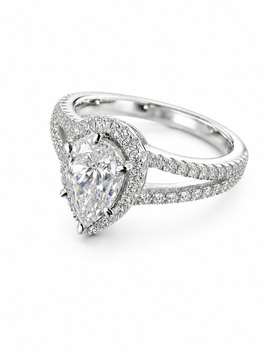 ARK HALO PEAR CUT FL-IF MOISSANITE DIAMOND RING – 925 SILVER / 18K VERMEIL WHITE GOLD