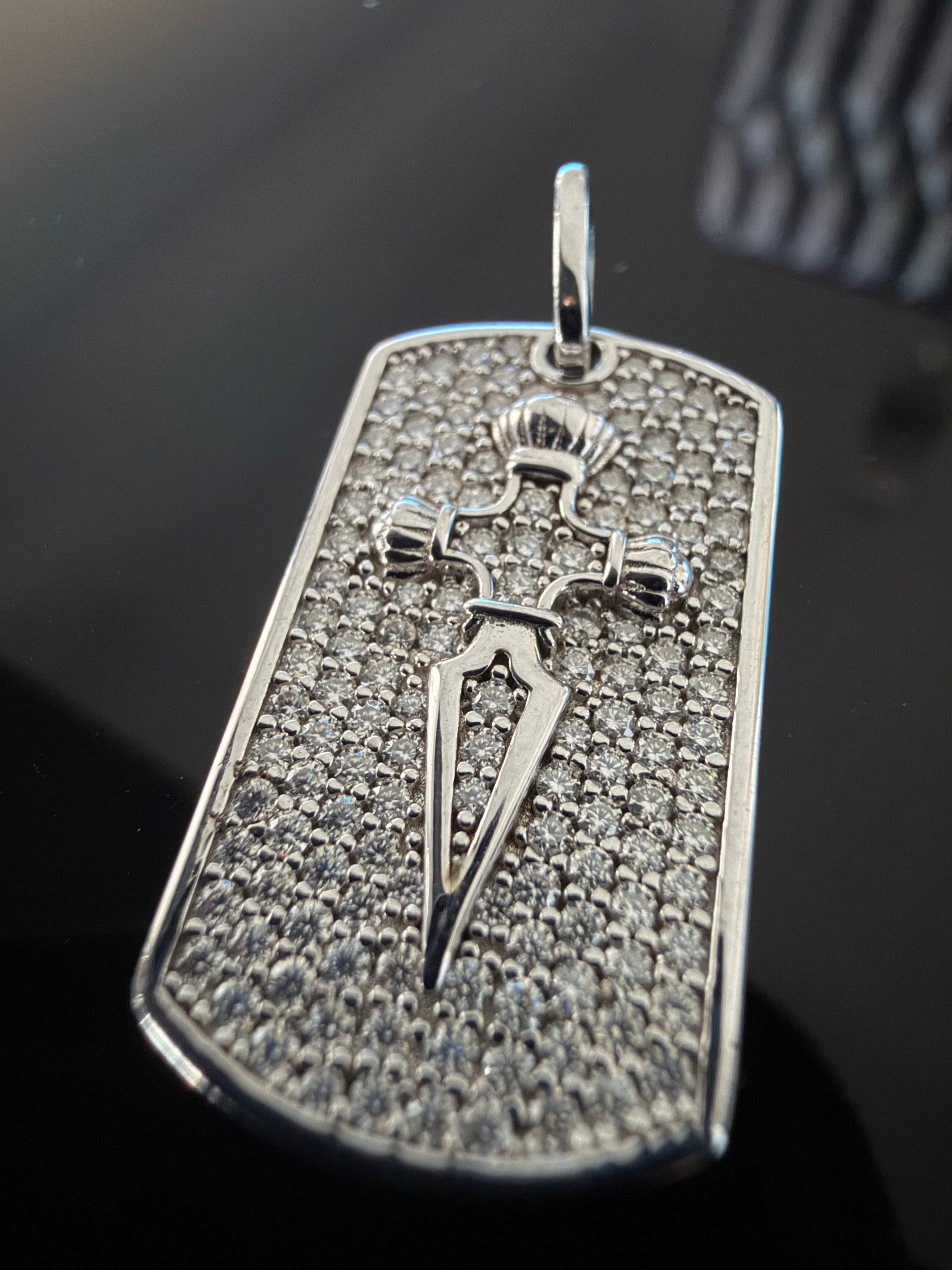 Gelati's Bespoke Knife Tag DVVS1 Lab Moissanite Diamond Pendant in Solid 925 Sterling Silver & 18k Vermeil White Gold Inlay + Free 925 Silver Chain