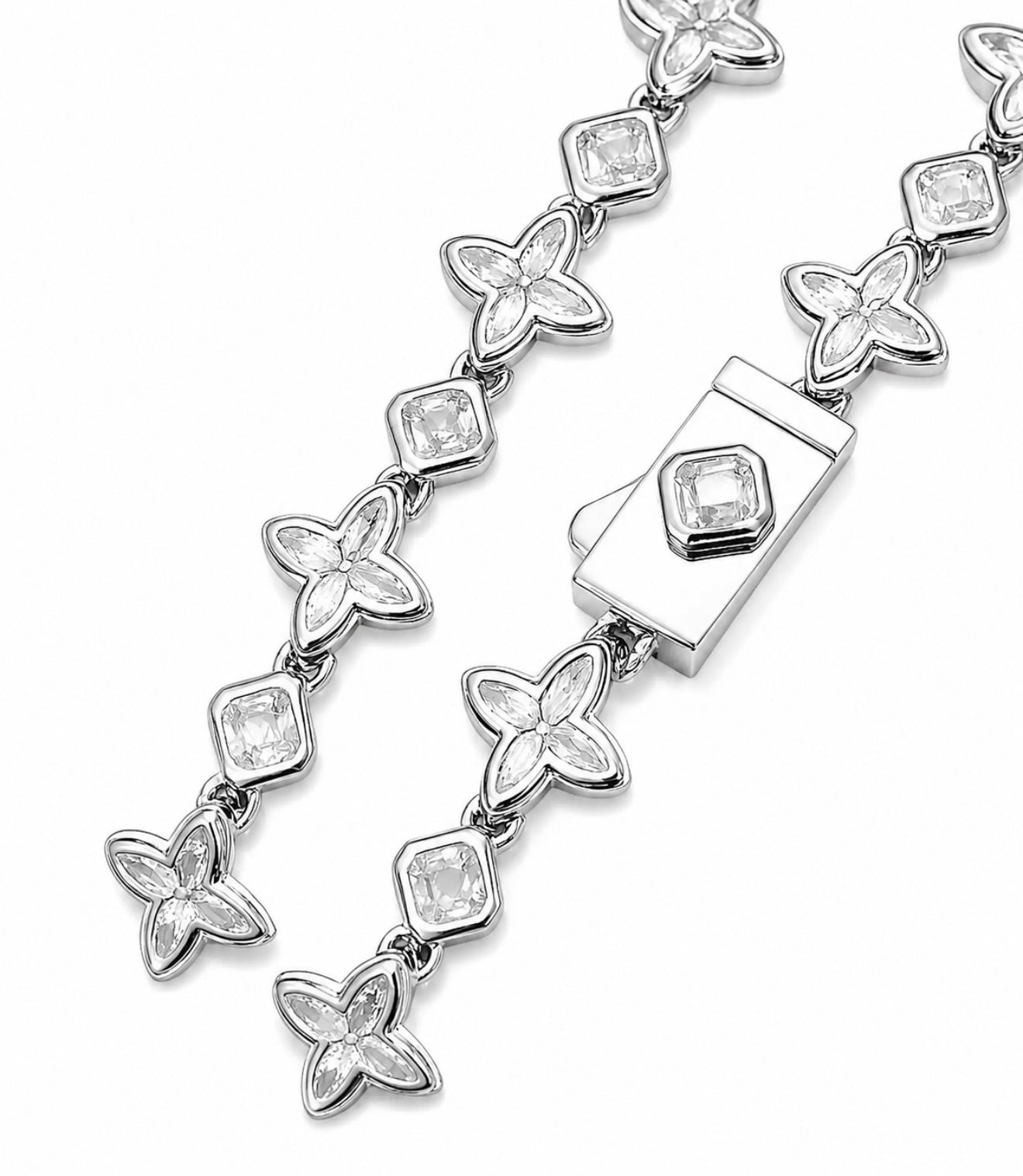 GELATI’S FL-IF BAGUETTE BESPOKE CLOVER LAB MOISSANITE DIAMOND CUSTOM LOCK BRACELET IN SOLID 925 STERLING SILVER & 18K VERMEIL GOLD