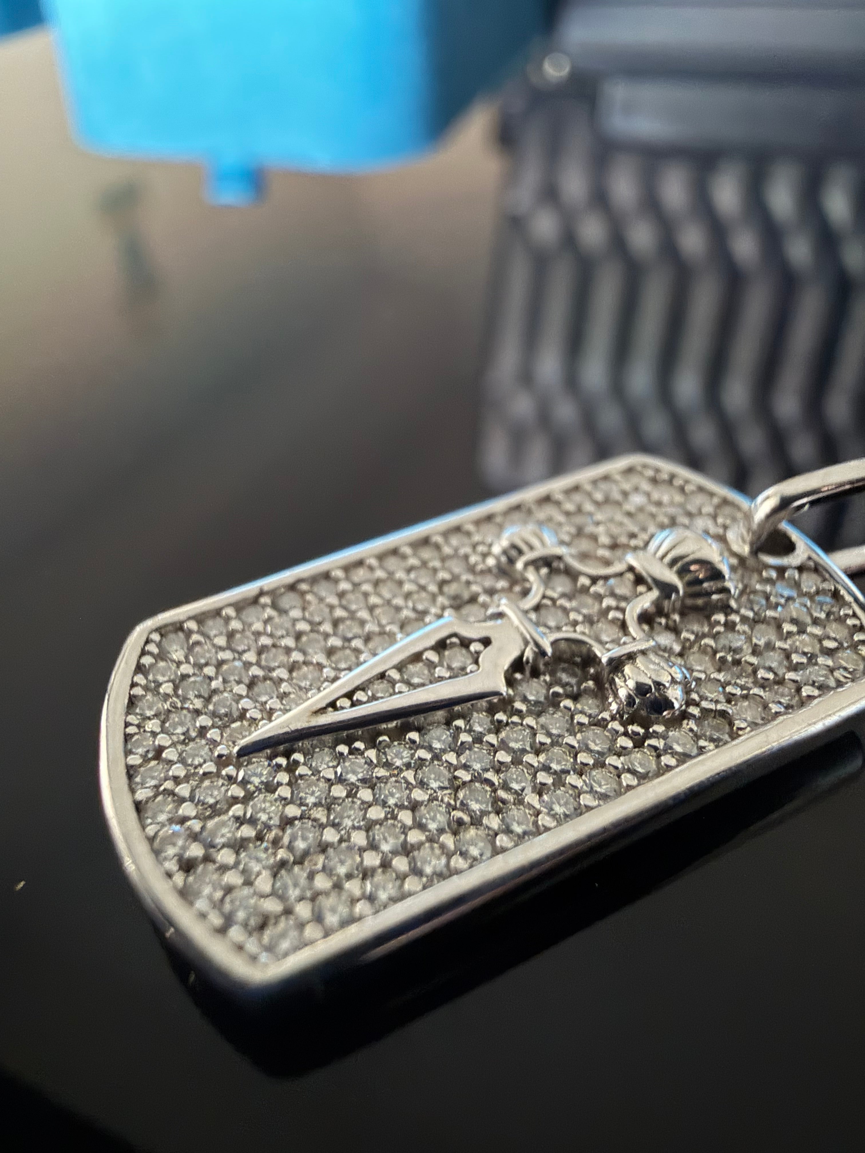 Gelati's Bespoke Knife Tag DVVS1 Lab Moissanite Diamond Pendant in Solid 925 Sterling Silver & 18k Vermeil White Gold Inlay + Free 925 Silver Chain