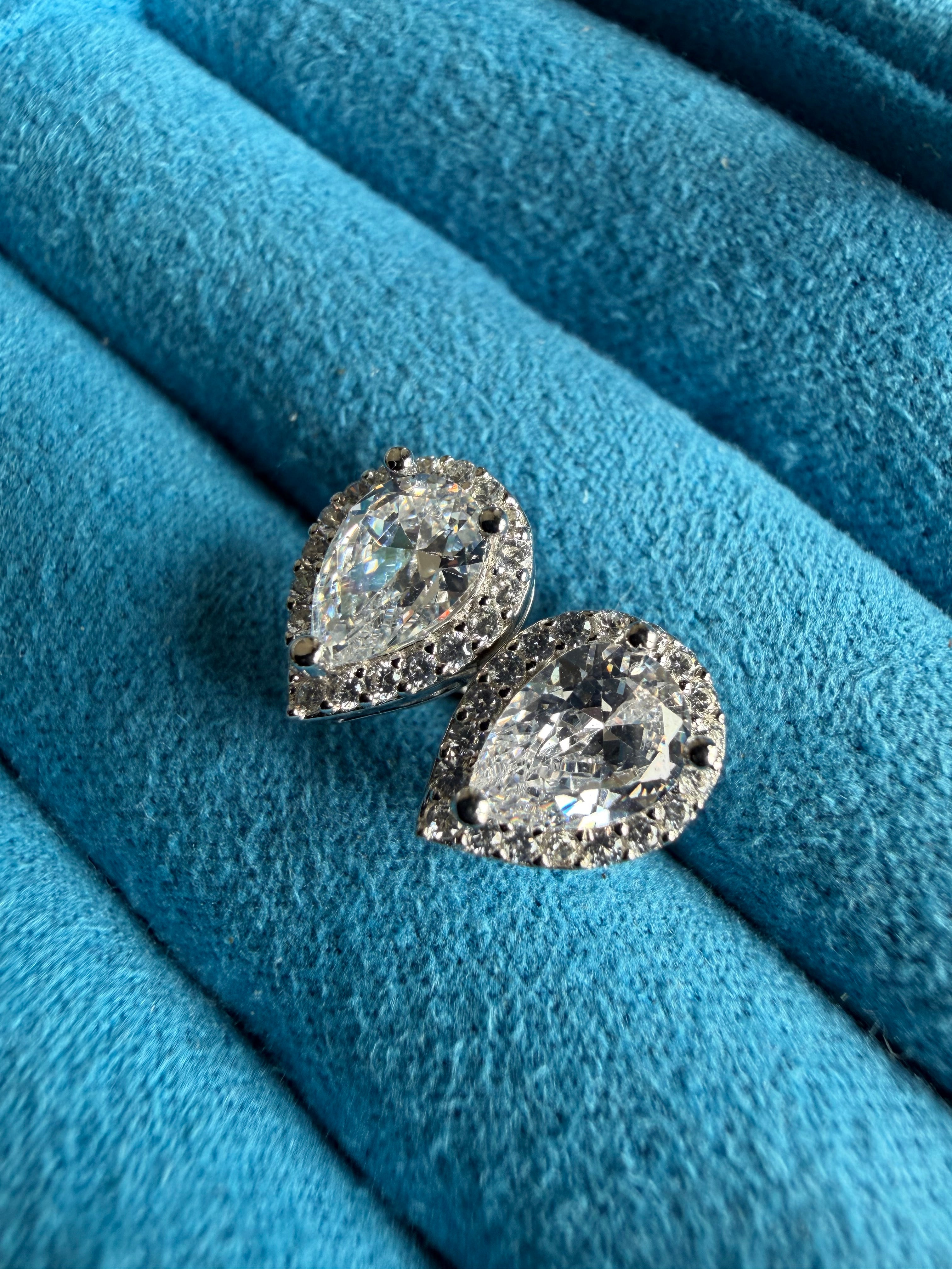 Gelati's Tears Of Ice VVS1 Lab Moissanite Diamond Pear Cut Halo Diamond Earrings In 925 Sterling Silver & 18k Vermeil Gold