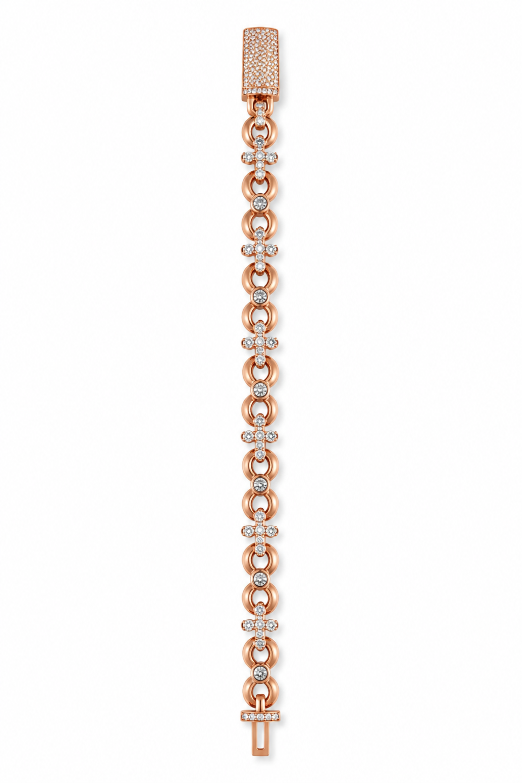 IMMORTAL INFINITY LINK & CROSS BRACELET – FL–IF MOISSANITE, ROSE VERMEIL & 925 SILVER