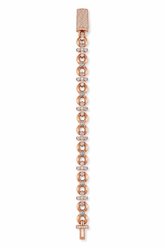 IMMORTAL INFINITY LINK & CROSS BRACELET – FL–IF MOISSANITE, ROSE VERMEIL & 925 SILVER