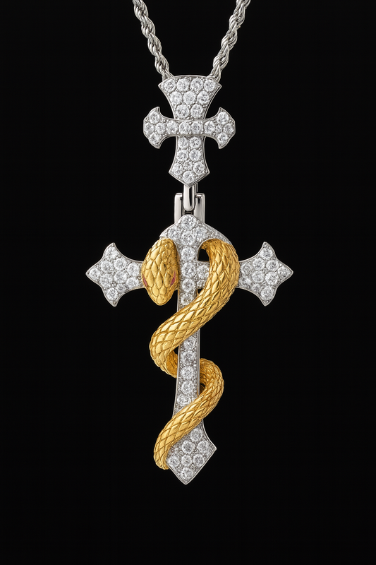 Gelati's Golden Viper Diamond Cross In Solid 925 Sterling Silver and 18k Vermeil Gold & FL-IF Lab Moissanite Diamonds + Free Silver Chain Included