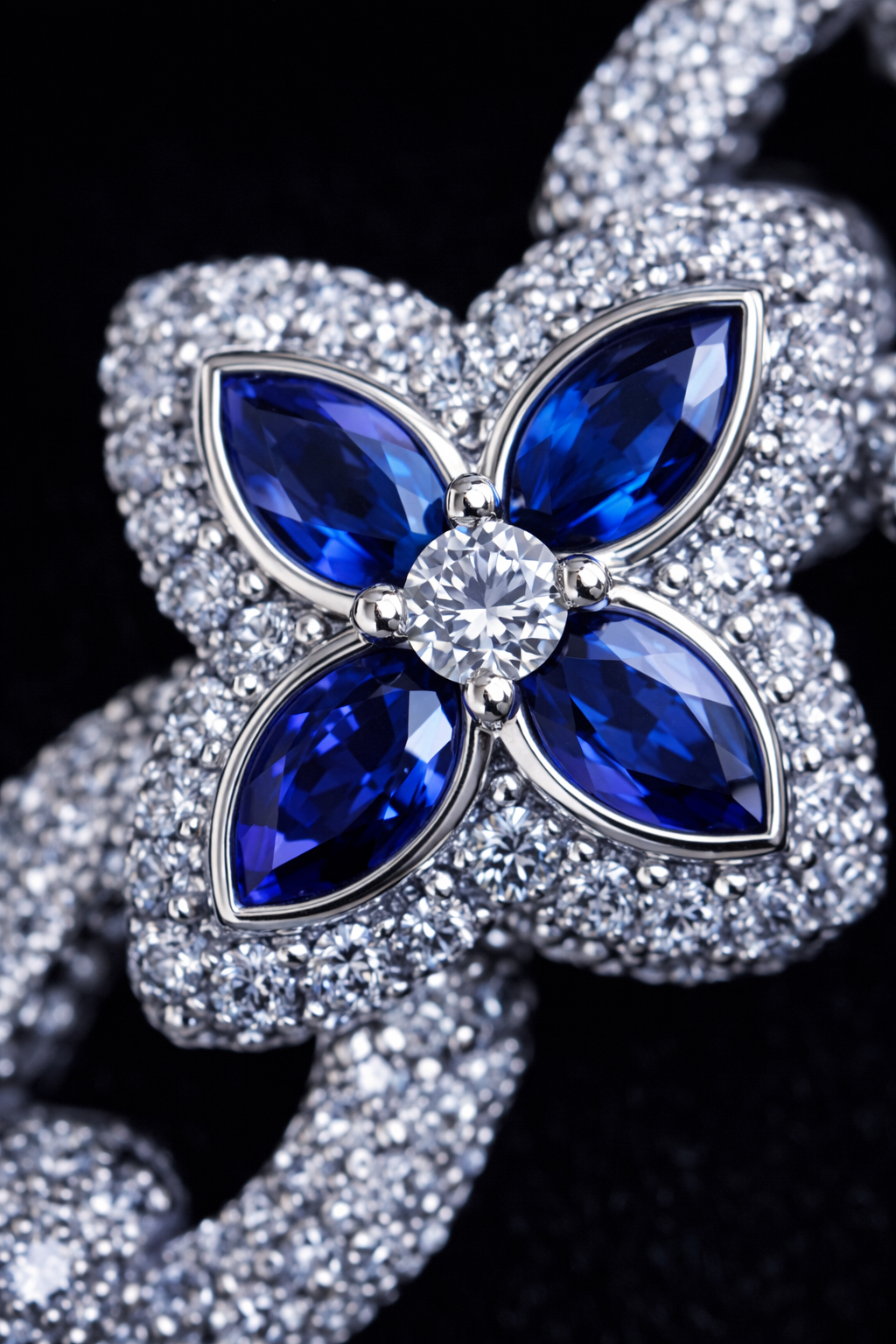 Gelati's Bespoke Sapphire & FL-IF Lab Moissanite / CB Diamond Clover Cuban Necklace In Solid 925 Sterling Silver & 18k Vermeil Gold Inserts