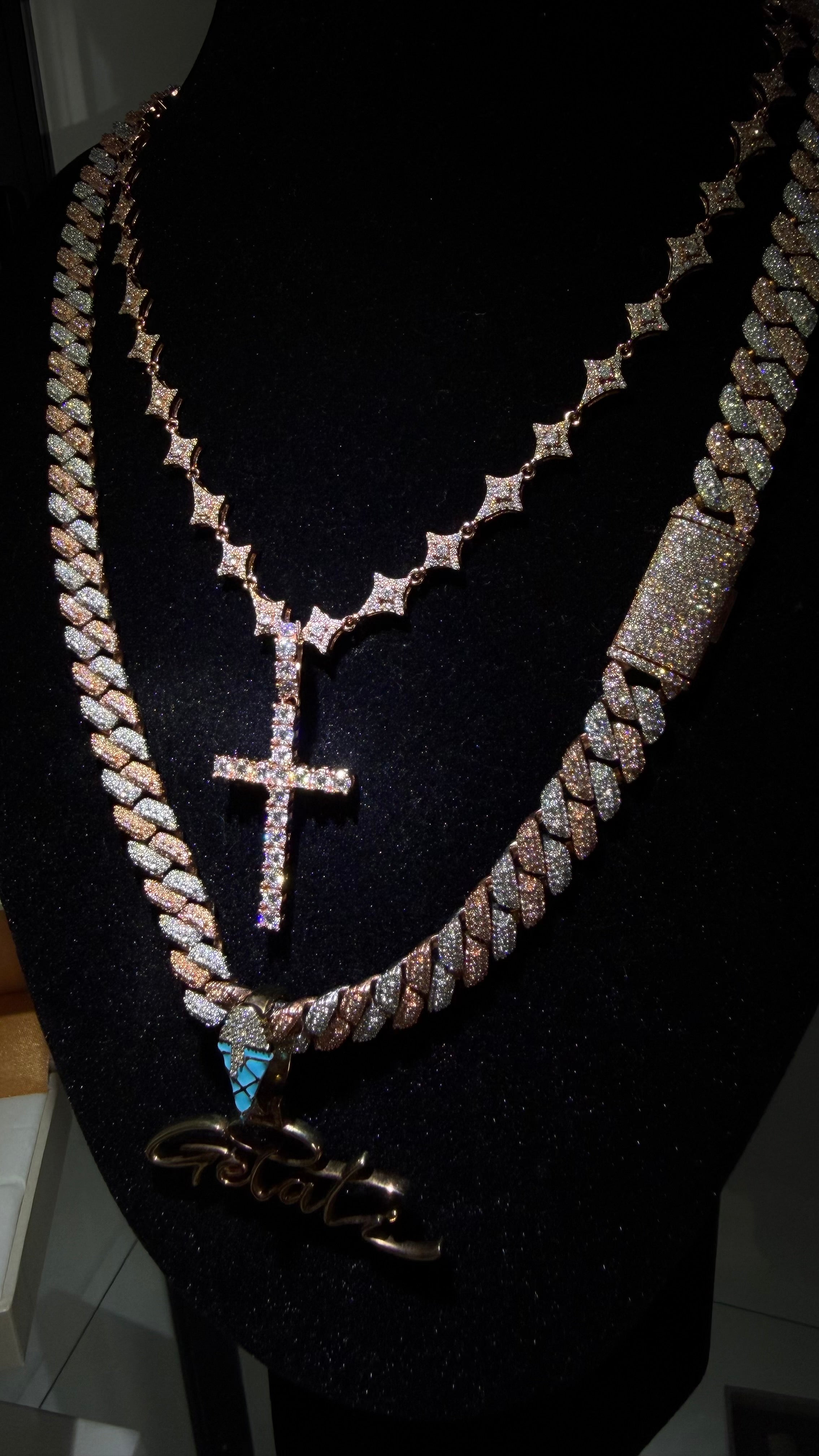 Gelati's FL-IF/Flawless Lab Moissanite Diamond Spiked Prongue Cross Pendant in Solid 925 Sterling Silver + 18k Vermeil Gold Inlay  & Free Chain Included