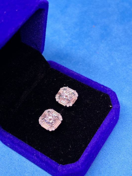 Gelati's Bespoke 8MM Ascher Cut & Baguette's Halo FL-IF Lab Moissanite Diamond Earrings in solid 925 Silver & 18k Vermeil Gold