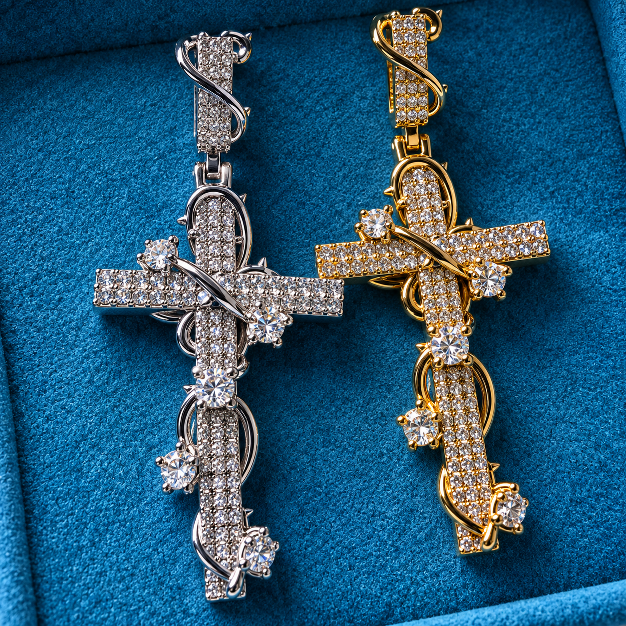 Gelati Diamond Thorns Crown Cross Pendant FL-IF | Flawless Lab Moissanite | 925 Sterling Silver | 18K Vermeil Gold