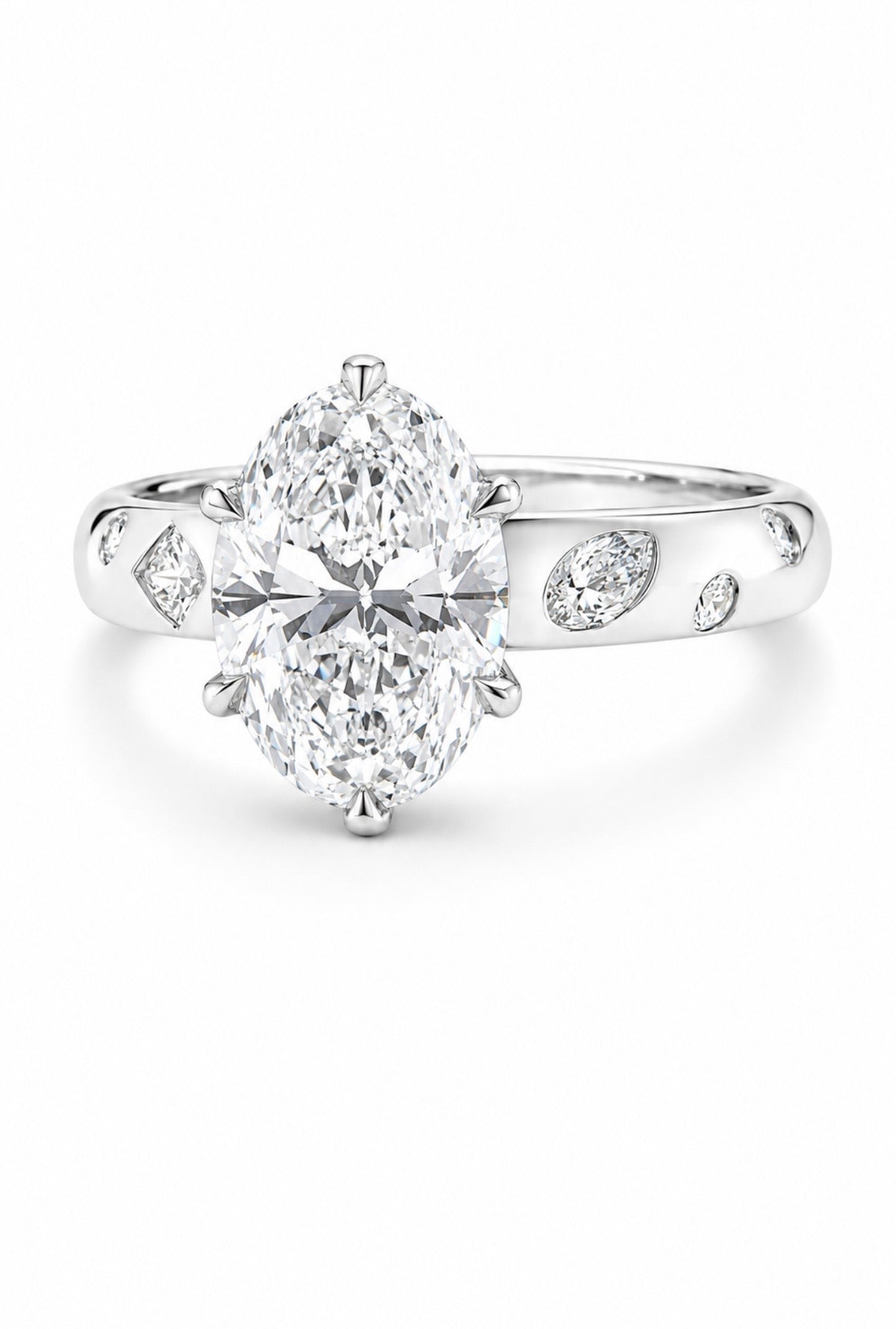 DIAMOND TOUCH OVAL ETERNITY RING – 3CTW DVVS1 MOISSANITE, 925 SILVER & PLATINUM VERMEIL