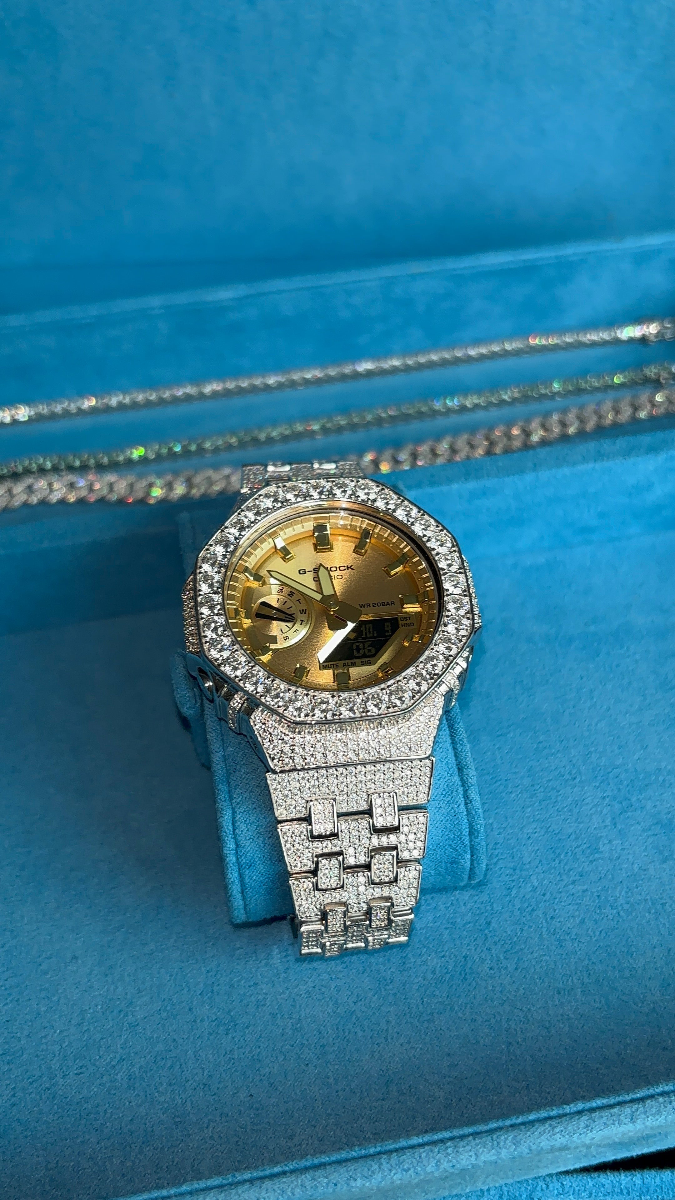 Gelati's Custom BussDown 35 CT G-shock In FL-Flawless Lab Moissanite Diamonds & Solid 925 Sterling silver and 18k Vermeil Gold - Limited Gold Dial Edition