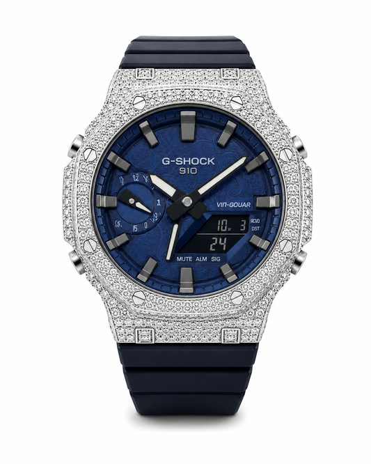 Gelati's Custom 20 CT G-shock In FL-Flawless Lab Moissanite Diamonds & Solid 925 Sterling silver and 18k Vermeil Gold - Limited Blue Paisley Dial Edition