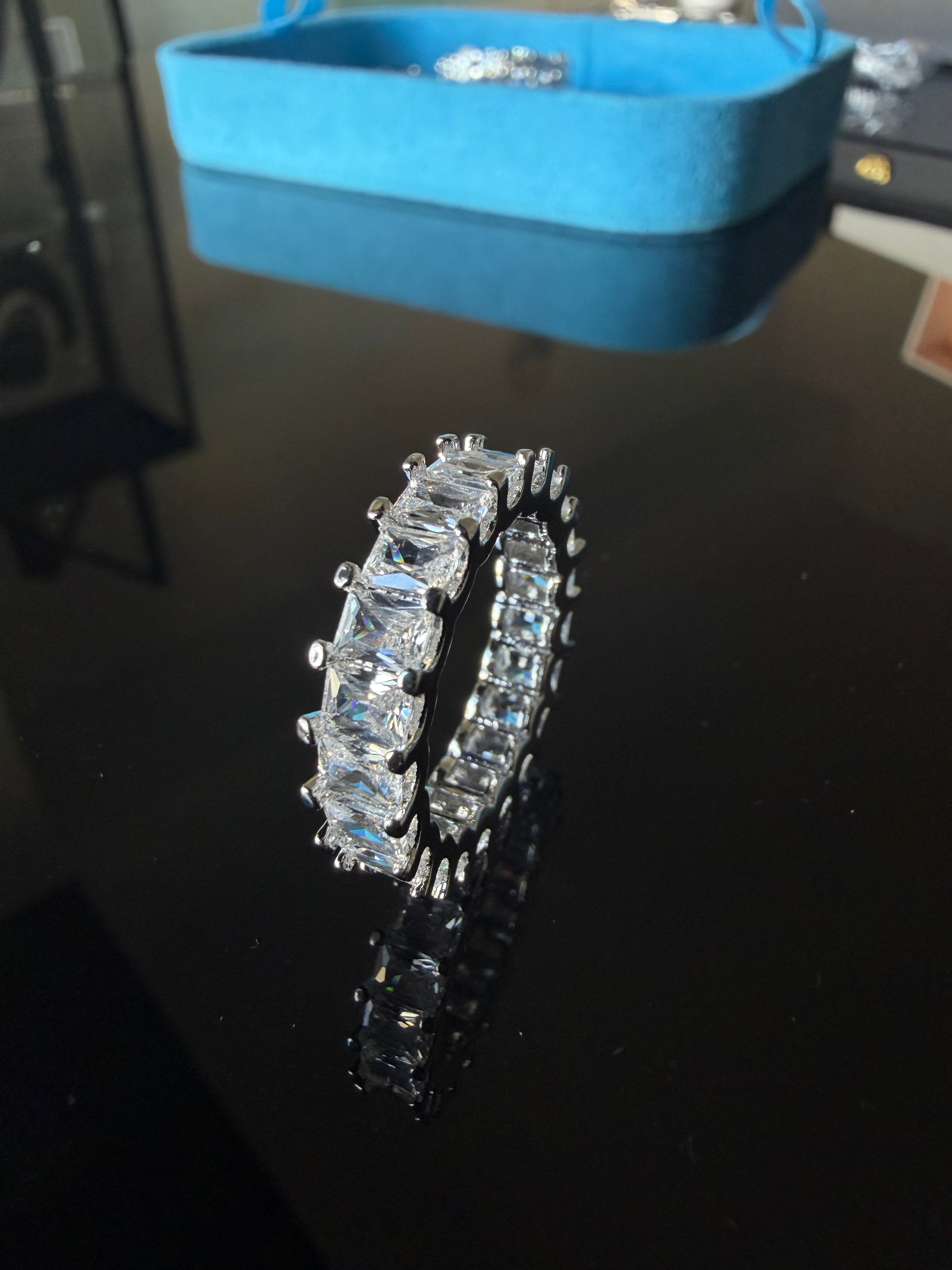 Gelati's Baguette Emerald Cut DVVS1/CB Lab Moissante 3MM Eternity Ring in 925 Sterling Silver & 14k White Vermeil Gold Inlay