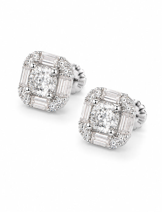 GELATI’S BESPOKE 8MM ASCHER CUT & BAGUETTE’S HALO FL-IF LAB MOISSANITE DIAMOND EARRINGS IN SOLID 925 SILVER & 18K VERMEIL GOLD