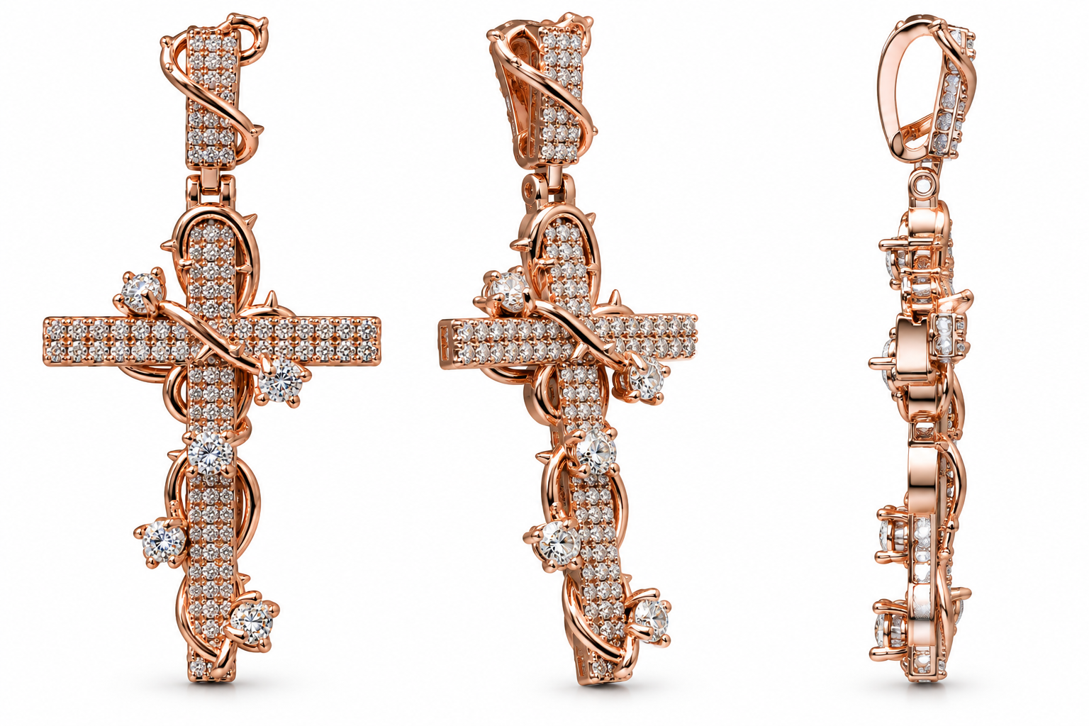 Gelati Diamond Thorns Crown Cross Pendant FL-IF | Flawless Lab Moissanite | 925 Sterling Silver | 18K Vermeil Gold