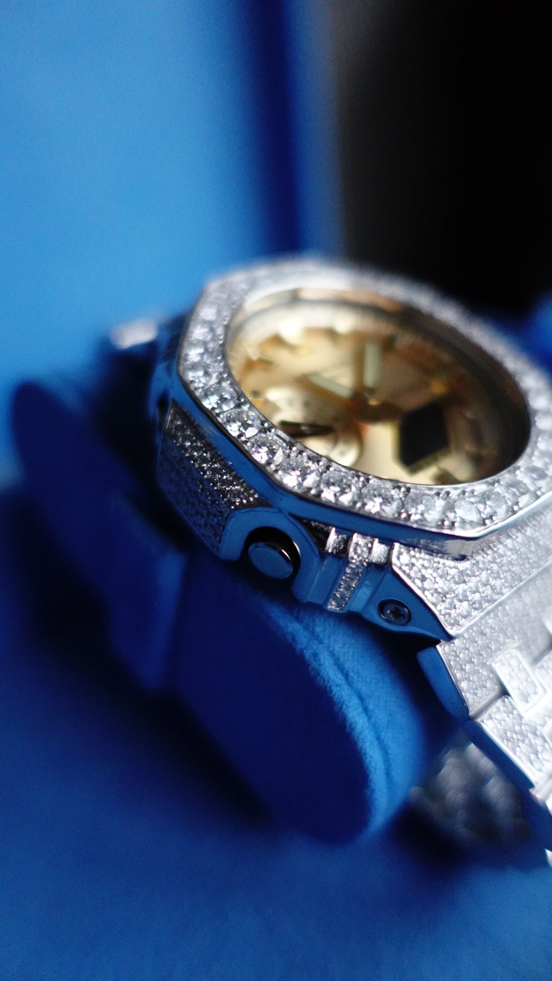 Gelati's Custom BussDown 35 CT G-shock In FL-Flawless Lab Moissanite Diamonds & Solid 925 Sterling silver and 18k Vermeil Gold - Limited Gold Dial Edition