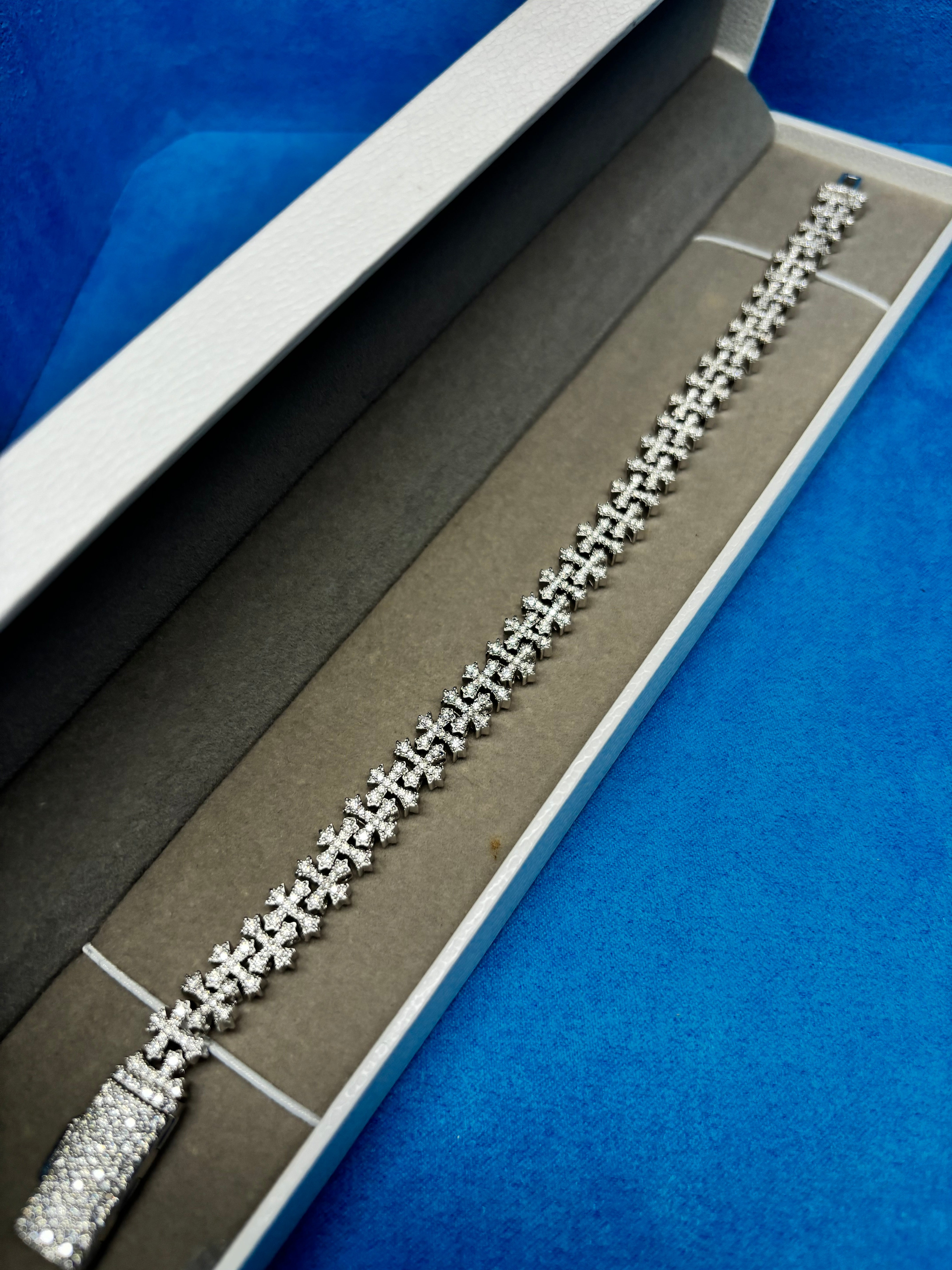 Gelati's Double-Cross Diamond Bracelet In 925 Sterling Silver -Fl-IF ( Flawless) LaB Moissanite Diamonds and 18K Vermeil Gold Inlay