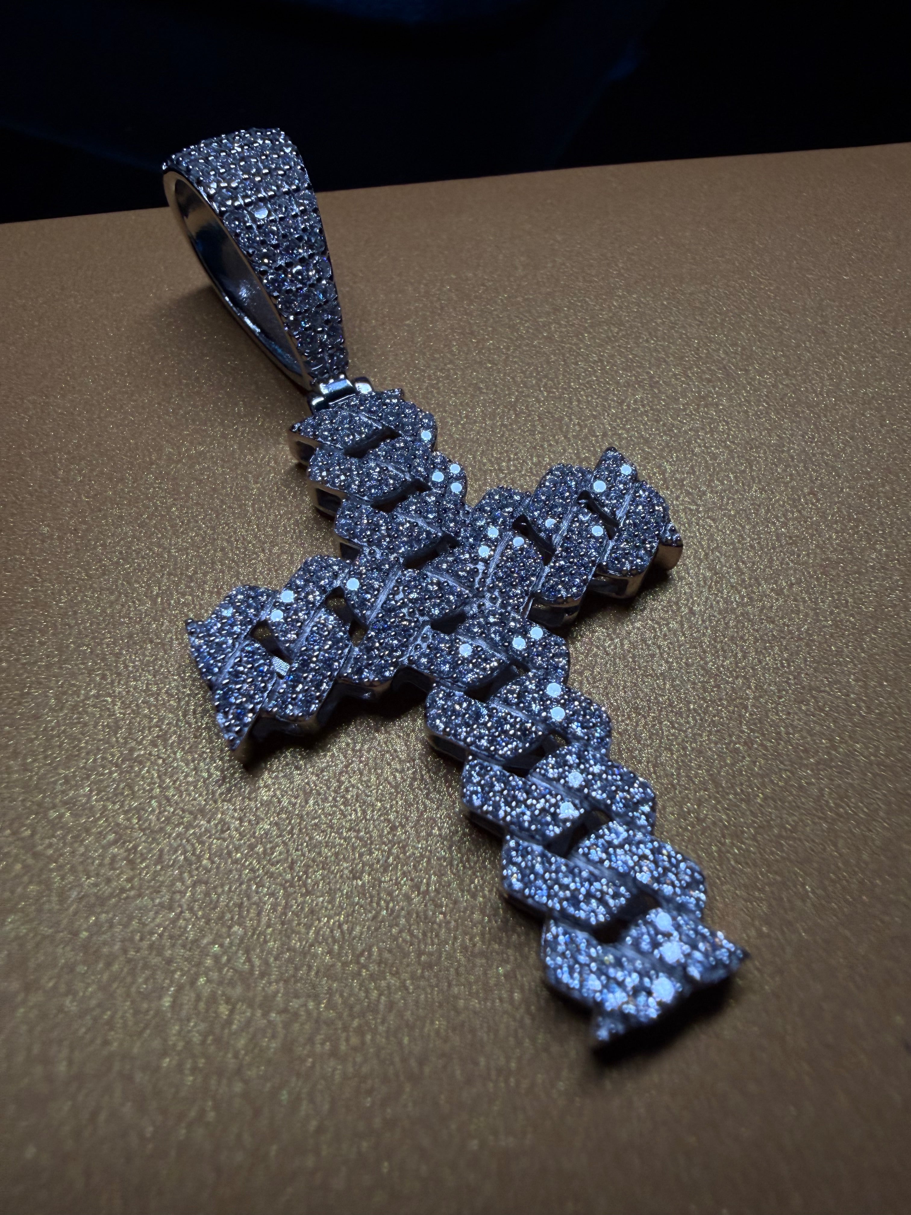 Gelati's Custom Miami Link FL-IF Lab Moissanite Diamond Cross Pendant in 925 Sterling Silver & 18k Vermeil Gold + Free silver chain included