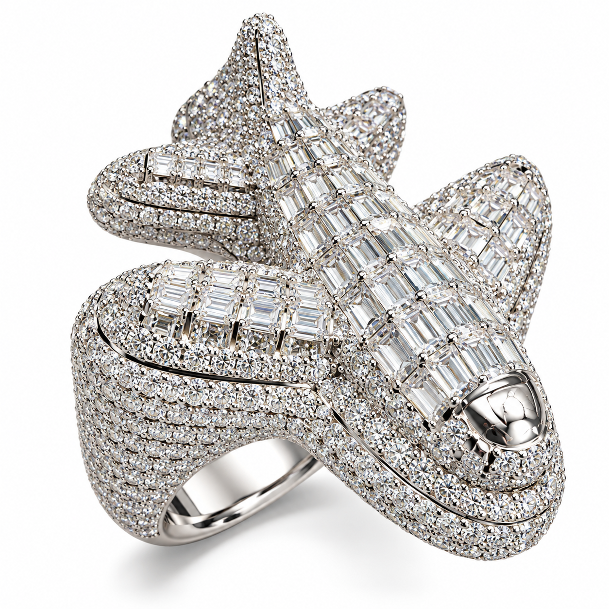 GELATI G6 PRIVATE JET DIAMOND RING | FL-IF FLAWLESS LAB MOISSANITE | BAGUETTE SETTING | 925 STERLING SILVER & 18K VERMEIL GOLD