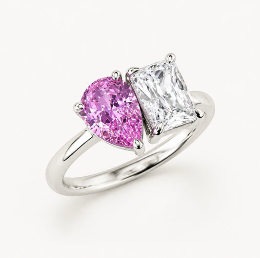 CANDY BAR MIXED CUT RING – DVVS1/CB FANCY PINK PEAR & BAGUETTE CUT, 925 SILVER & 18K VERMEIL GOLD