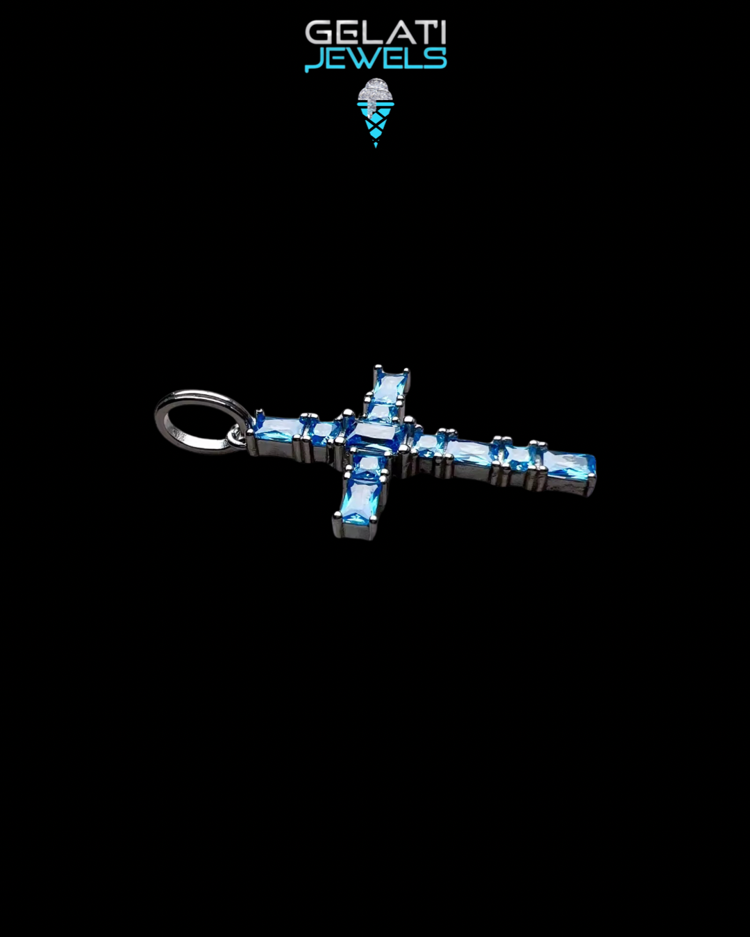 Gelati's Sapphire Baguette Cross in Solid 925 Sterling Silver & 18k Vermeil Gold + Free Sterling Silver Rope Chain