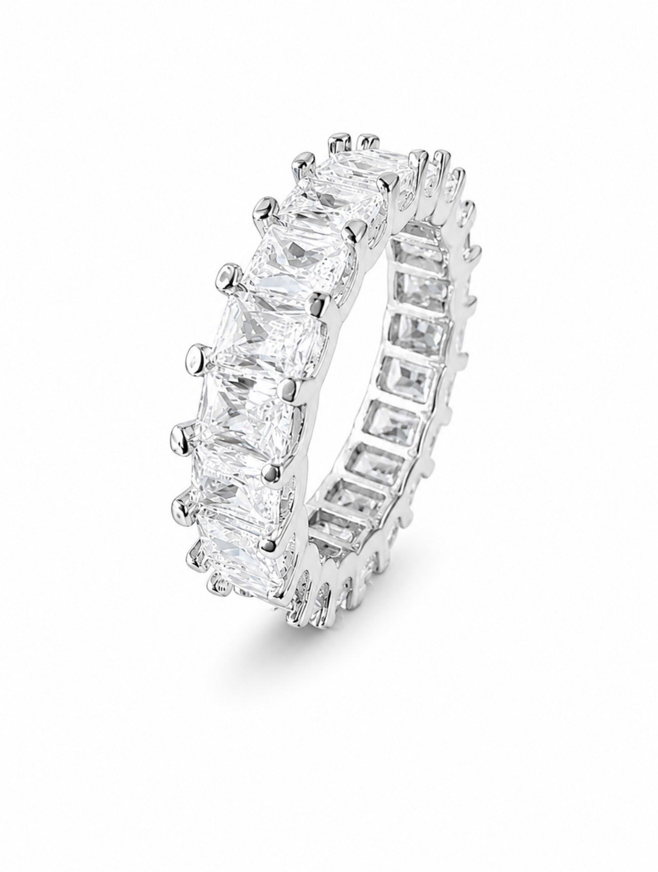 AURELIA BAGUETTE EMERALD ETERNITY RING – DVVS1/HCD MOISSANITE, 925 SILVER & 14K WHITE VERMEIL