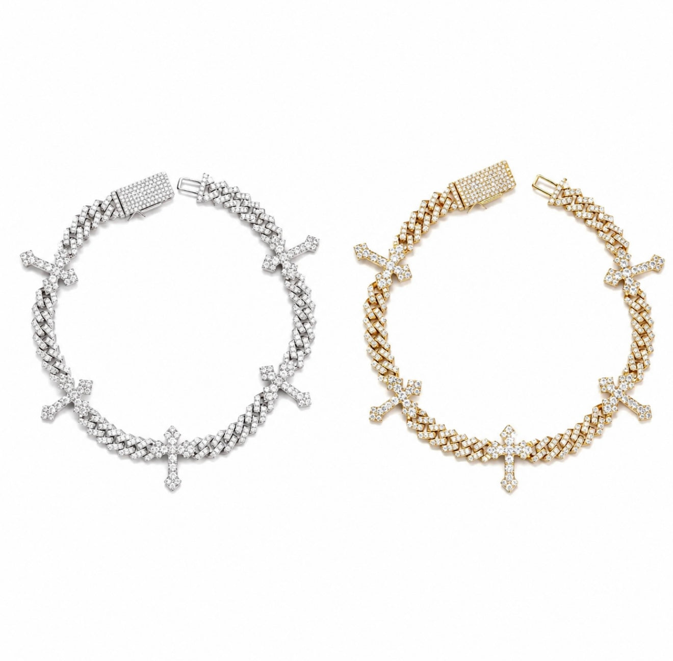 GELATI’S ULTRA THIN 6MM DIAMOND SOLITAIRE CROSS CUBAN BRACELET WITH 18K VERMEIL GOLD INSERTS