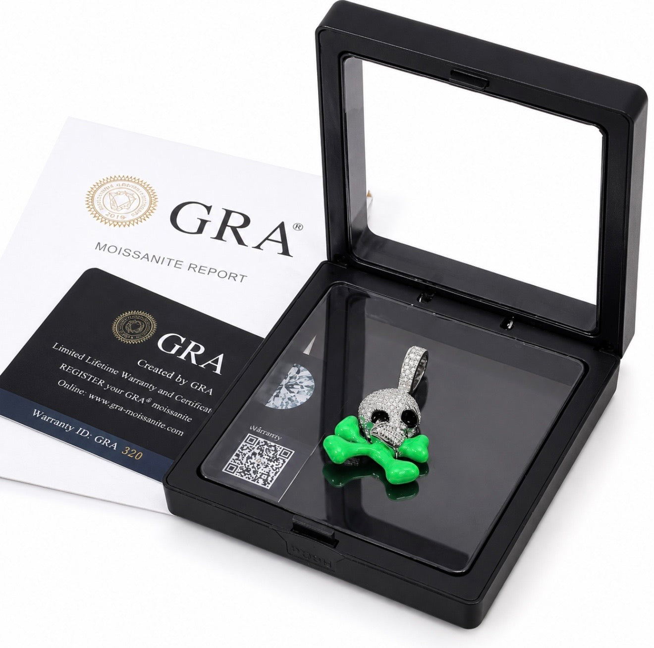 GELATI’S DIAMOND GLOW IN THE DARK SKULL PENDANT IN 925 STERLING SILVER & VVS1 MOISSANITE DIAMONDS