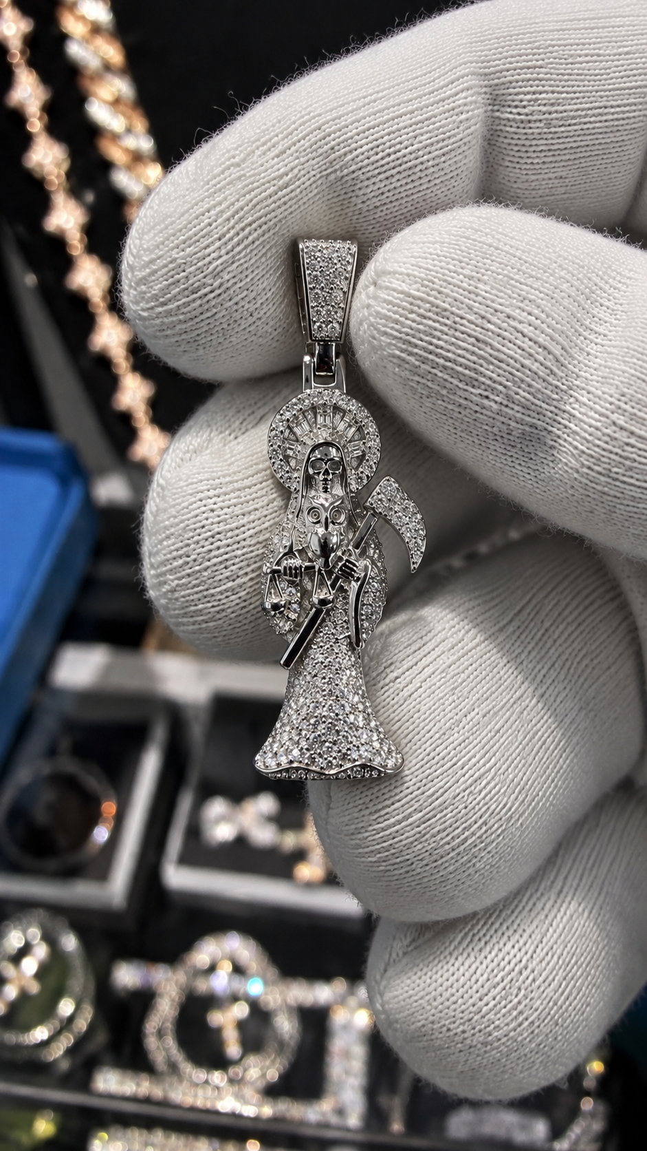 SANTA MUERTE |FL-IF D COLOR LAB MOISSANITE DIAMOND PENDANT|925 SILVER | 18K VERMEIL