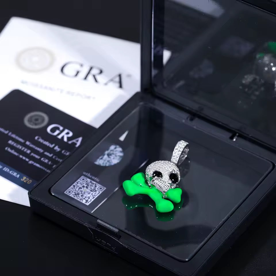 Gelati's Diamond Glow in the Dark Skull Pendant in 925 Sterling Silver & VVS1 Moissanite Diamonds