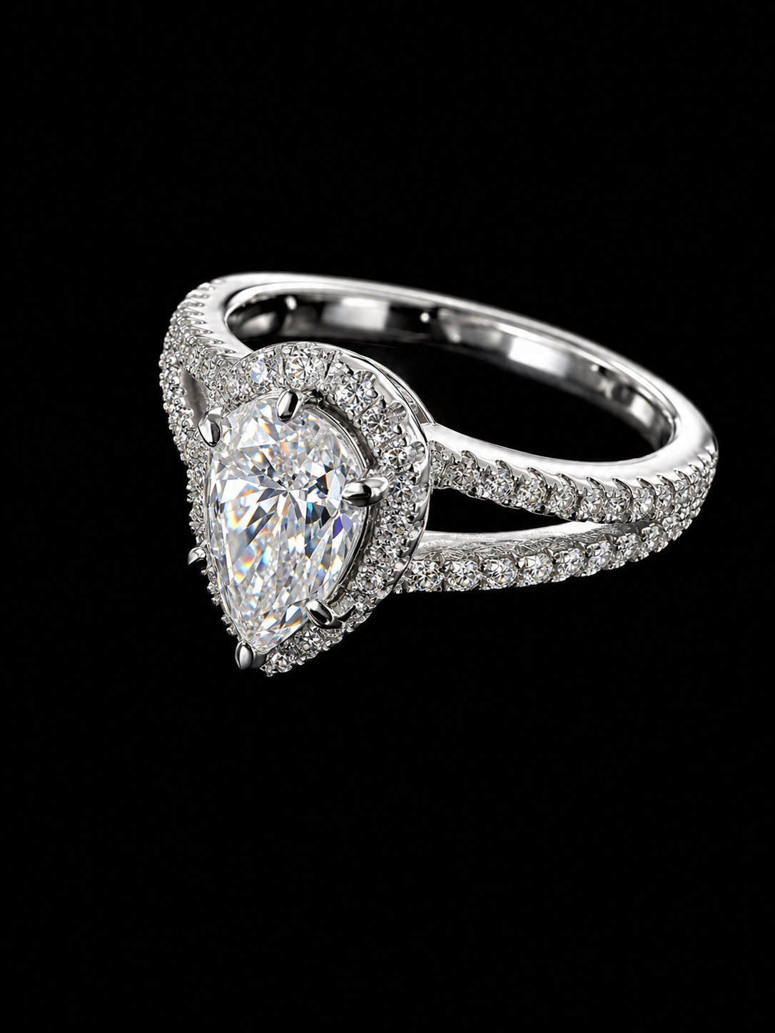 Ark Halo Pear Cut FL–IF Moissanite Diamond Ring – 925 Silver / 18K Vermeil White Gold