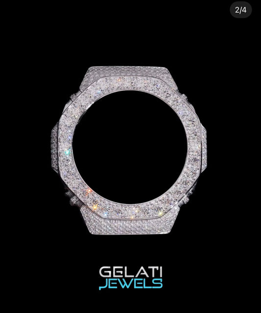 Gelati's Custom G-Shock GA2100 FL-IF Lab Moissanite Diamond Case In Solid 925 Sterling Silver & 14K Vermeil White Gold