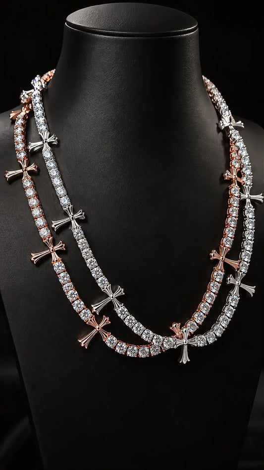 GELATI CHROME CROSS DIAMOND TENNIS NECKLACE |FL-IF FLAWLESS Lab Moissanite|925 STERLING SILVER | 18K VERMEIL GOLD