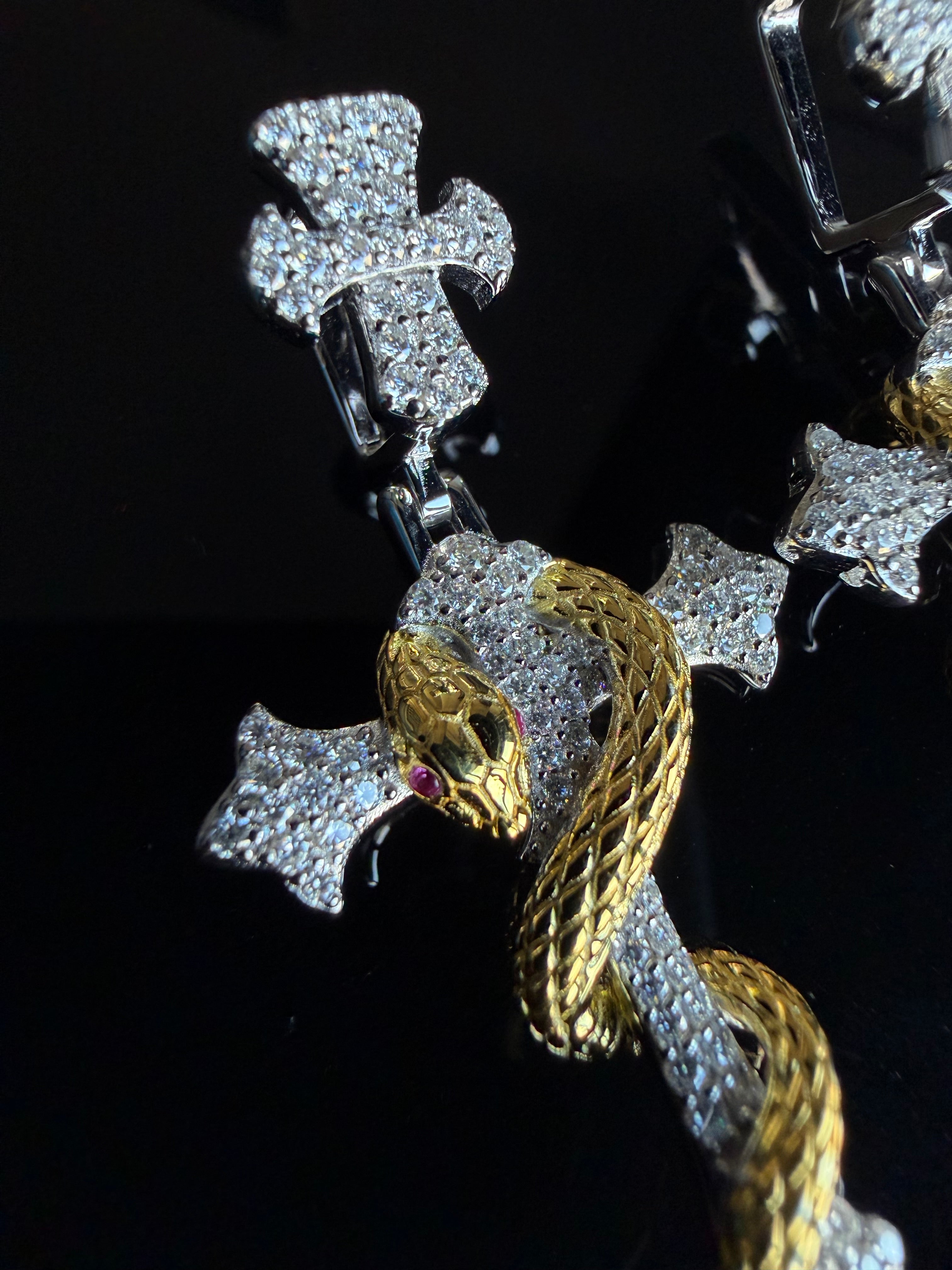 Gelati's Golden Viper Diamond Cross In Solid 925 Sterling Silver and 18k Vermeil Gold & FL-IF Lab Moissanite Diamonds + Free Silver Chain Included