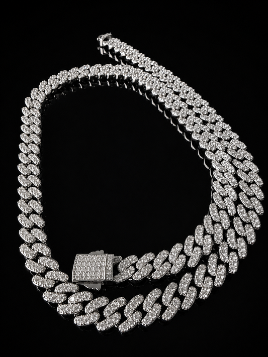 Gelati's Glaciale CB/DVVS1 Lab Moissanite 10MM Prongue Miami Link Cuban Necklace in Solid Titanium & 18k Vermeil Gold Inlay