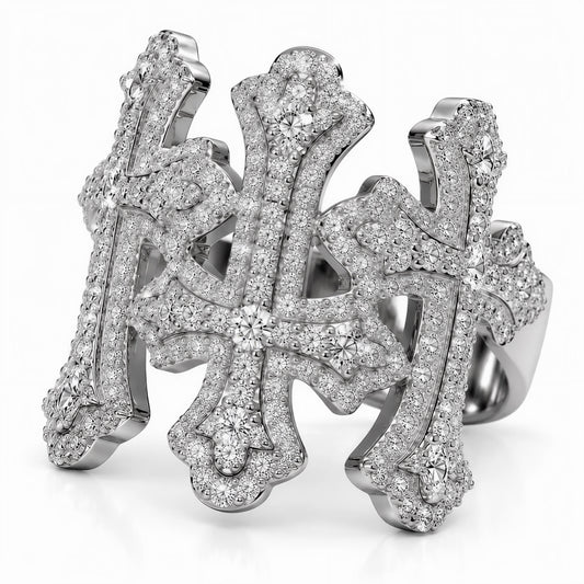 GELATI CHROME CROSS DIAMOND TRINITY RING | FL-IF Flawless Lab Moissanite | 925 Sterling Silver | 18K Vermeil
