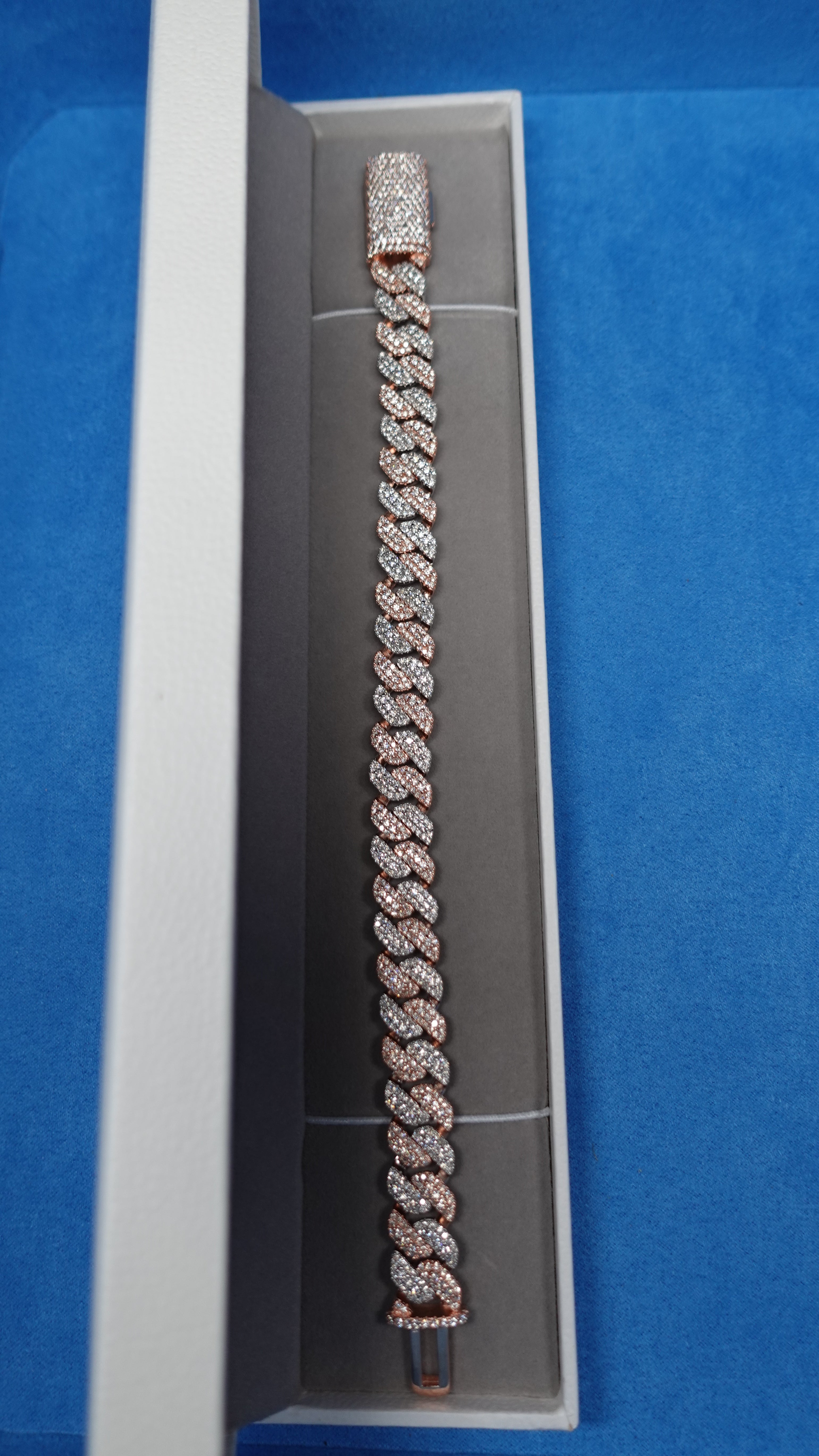 Gelati's Bespoke Mosaic Setting 14mm Two Tone FL-IF Diamond Cuban Bracelet In 925 Sterling Silver & 18k Vermeil Gold Inlay - 12 CTW