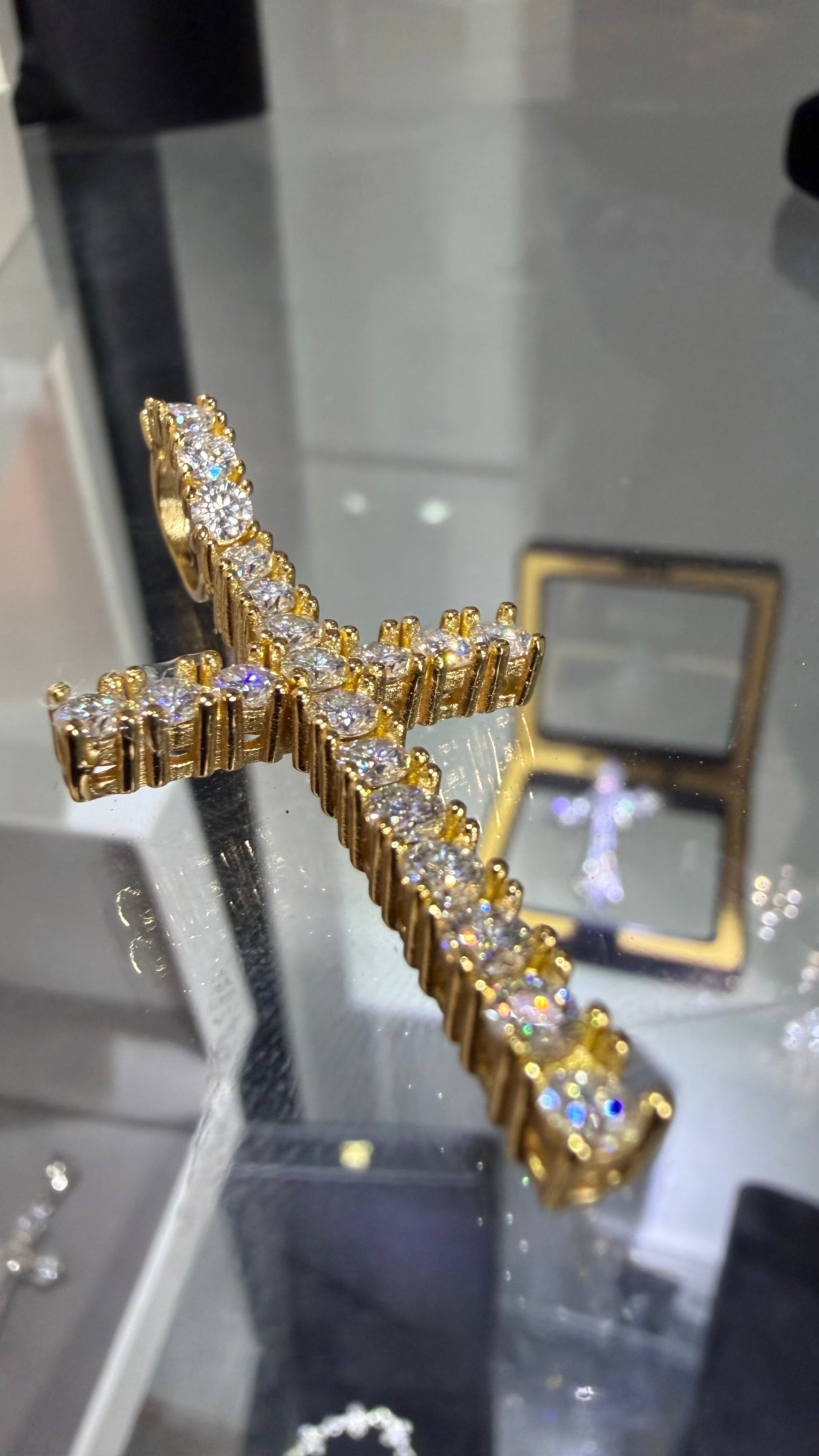 Gelati's FL-IF/Flawless Lab Moissanite Diamond Spiked Prongue Cross Pendant in Solid 925 Sterling Silver + 18k Vermeil Gold Inlay  & Free Chain Included