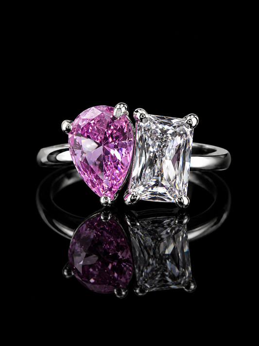 Candy Bar Mixed Cut Ring – DVVS1/CB Fancy Pink Pear & Baguette Cut, 925 Silver & 18K Vermeil Gold