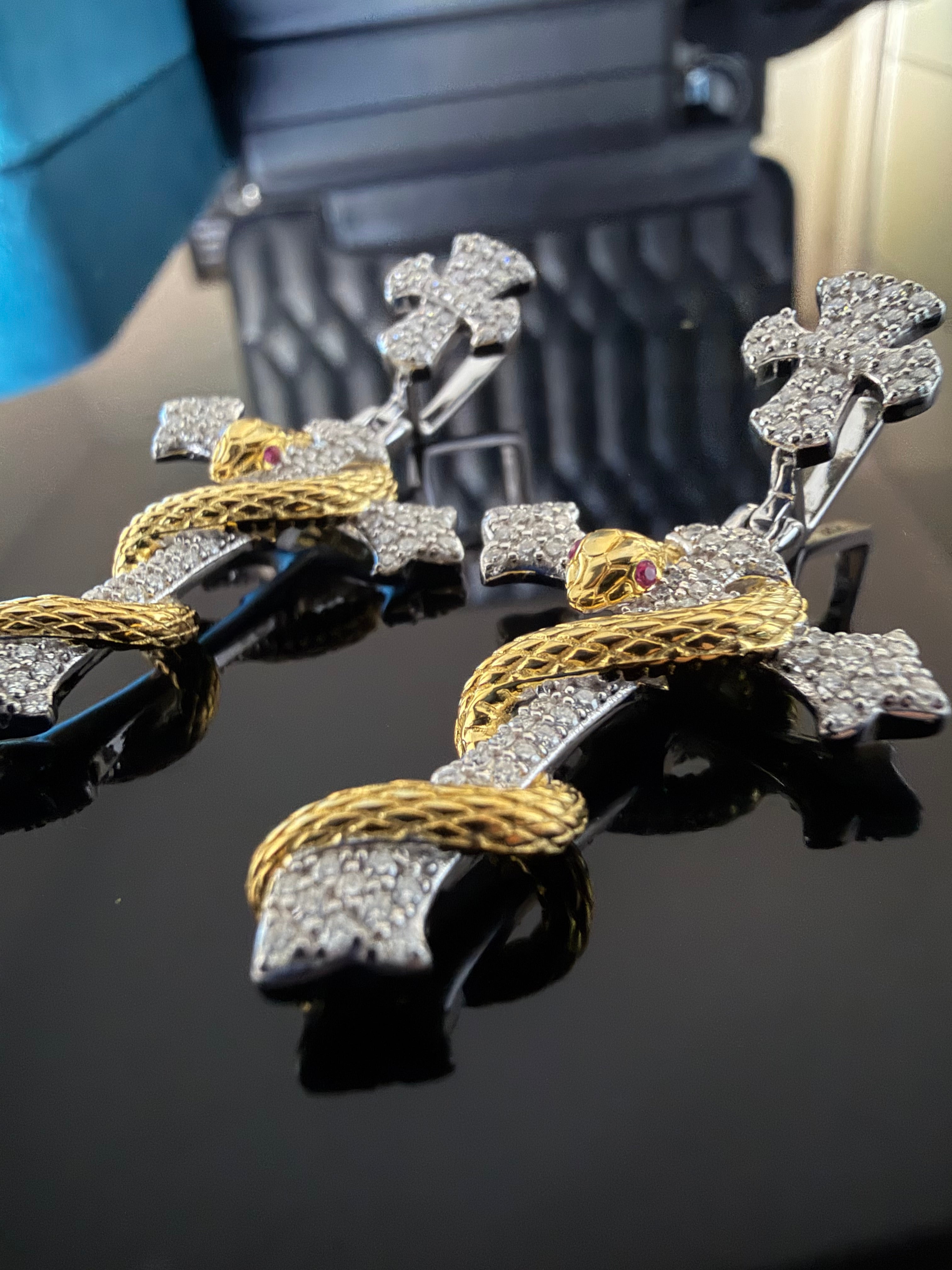 Gelati's Golden Viper Diamond Cross In Solid 925 Sterling Silver and 18k Vermeil Gold & FL-IF Lab Moissanite Diamonds + Free Silver Chain Included